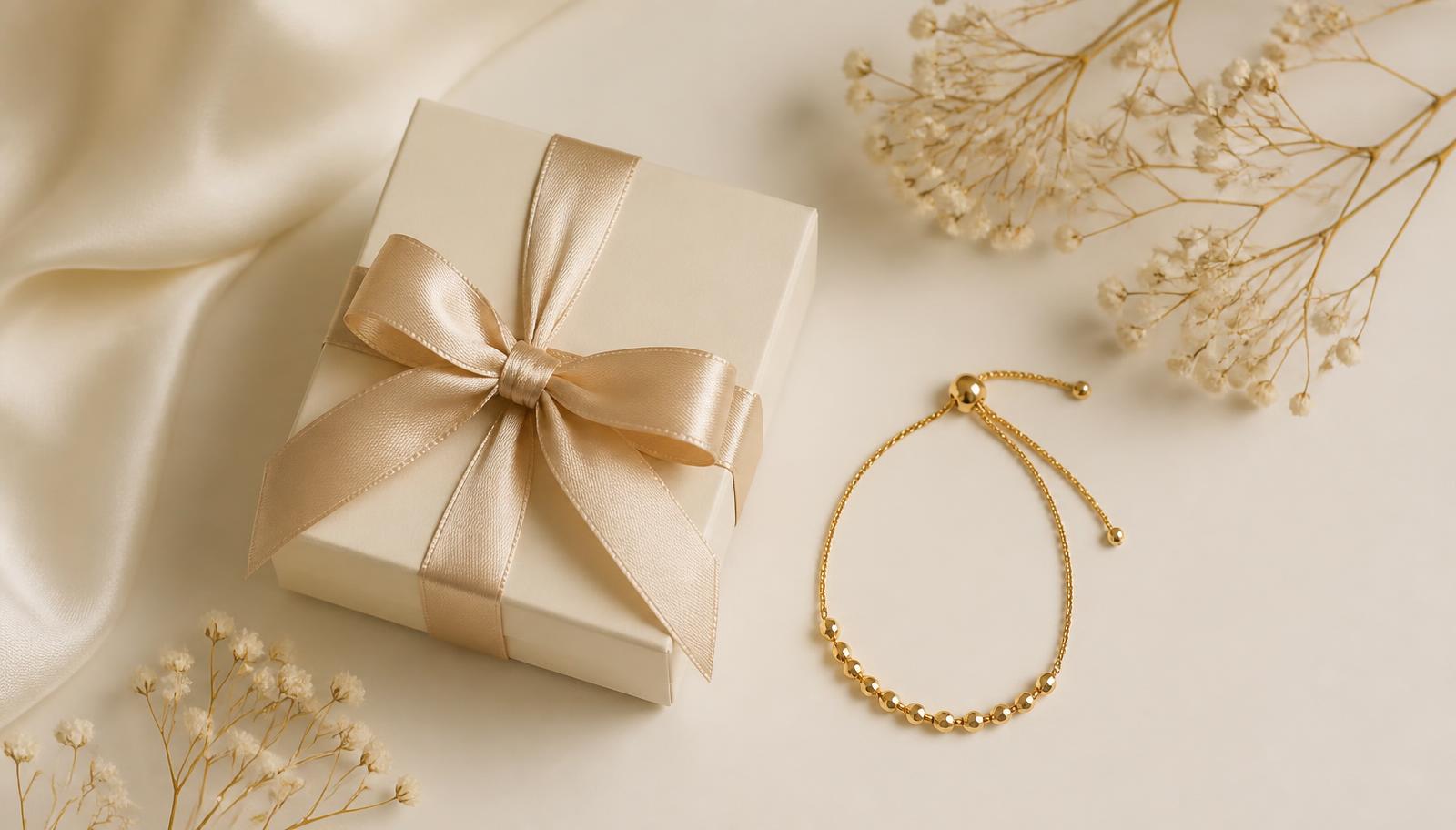 Ivory jewelry gift box with champagne ribbon beside a delicate gold bracelet